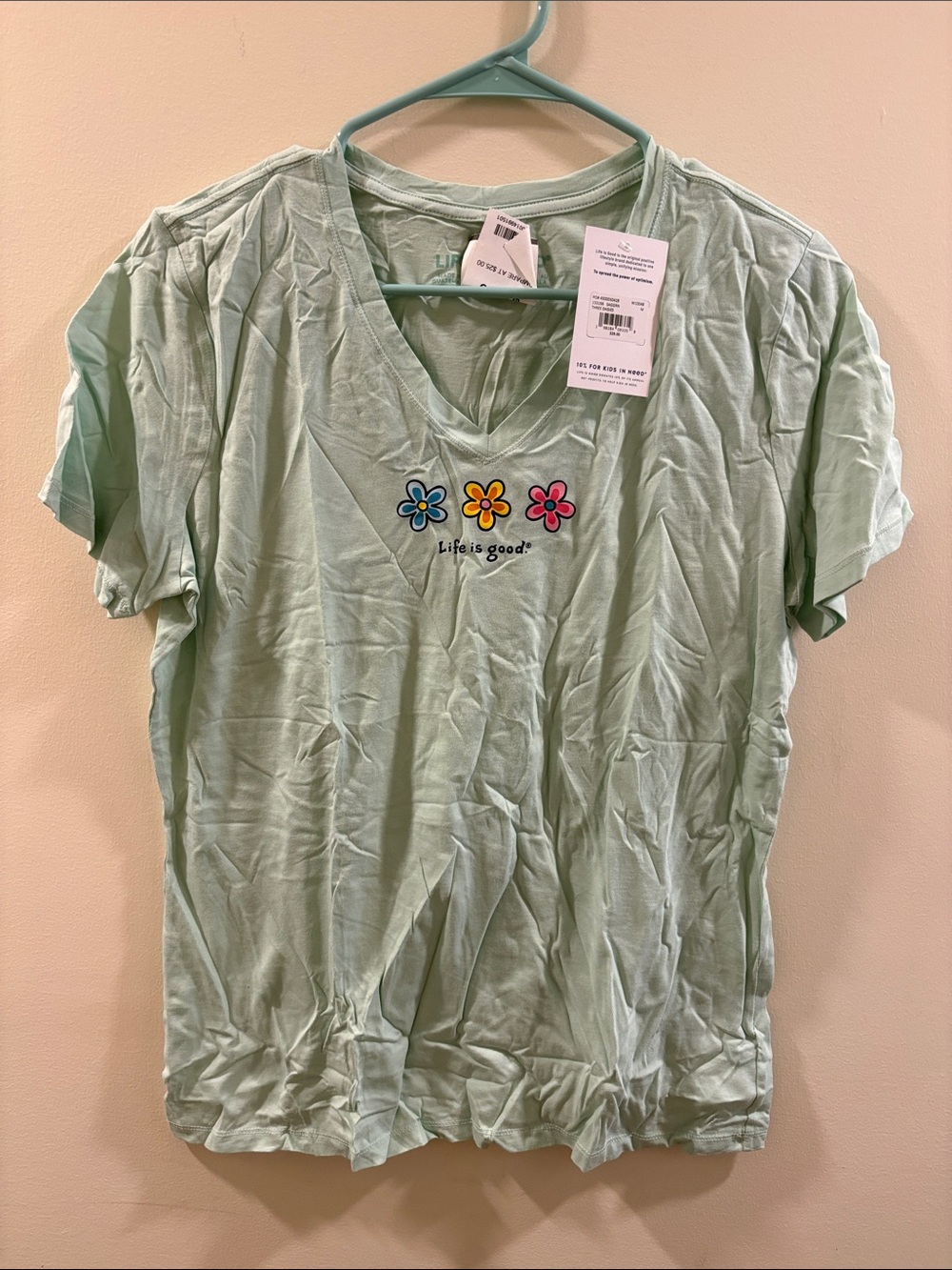 Life Is Good Mint Green V-Neck Tee with Trio of Colorful Flowers